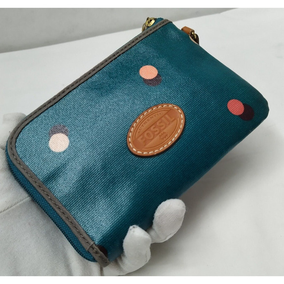 Fossil Blue Coated Canvas Polka Dot Zipper Wristlet - Coin Wallet - Picture 1 of 11